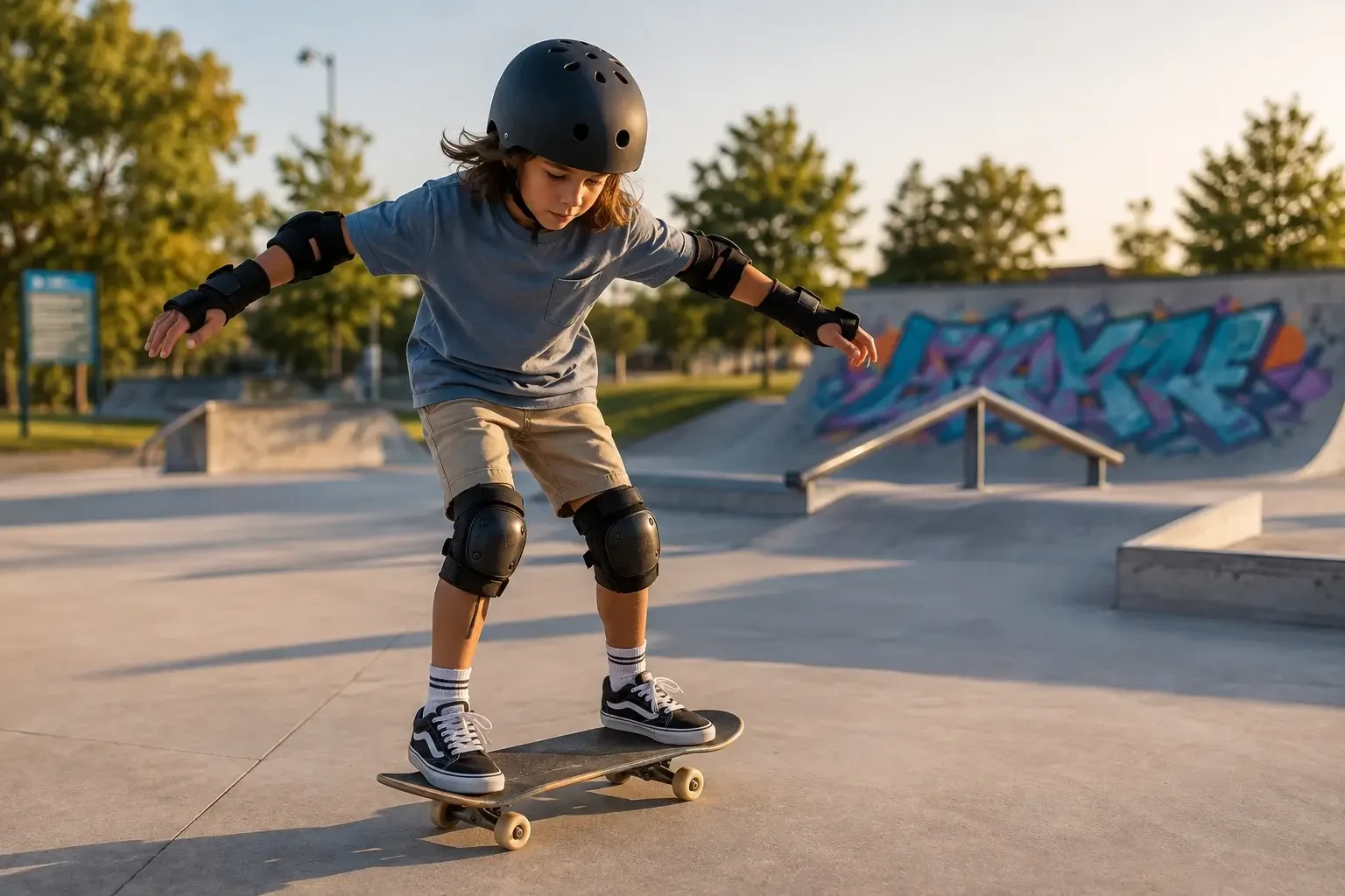 Young beginner skateboarder wearing a helmet and protective pads while practicing balance at a community skate park.